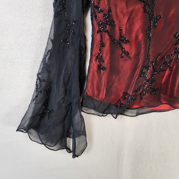 Caché 100% Silk Sheer Blouse Medium Beaded Bell Sleeves Red Black - Picture 8 of 12